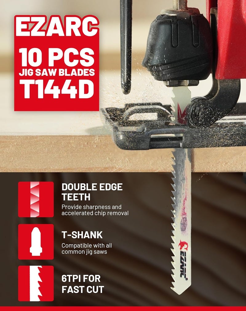 EZARC 10PCS Jigsaw Blades T144D Jig Saw Blades Set for Wood Fast Cutting Assorted T-Shank Replacement 6 TPI Curved & Scrolling Cutting - Image 2